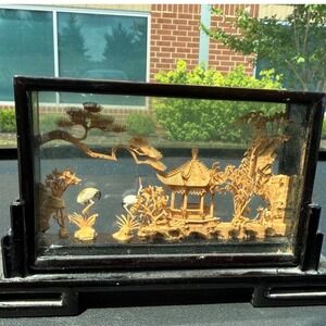Vintage Chinese art cork diorama pagoda cranes glass‎ lacquer #213